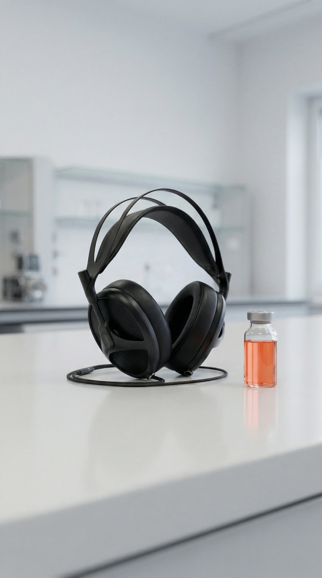 Headphones and vial on laboratory counter